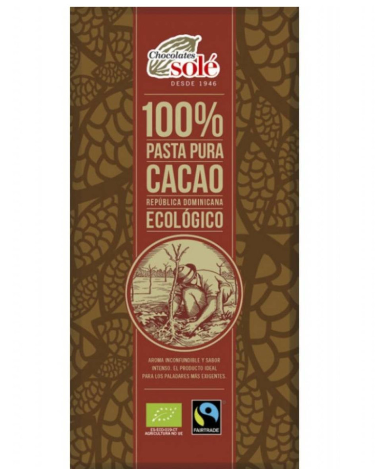 Ciocolata neagra 100% cacao, Chocolates Sole, ECO, 90g (fara gluten)