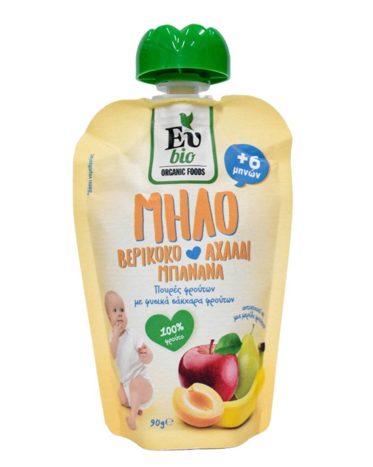 Smoothie cu mere-caise-pere-banane de la 6 luni, EuBio, ECO, 90g